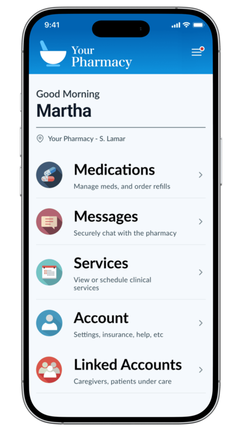 Patient portal home screen on a phone with medications, messages, and services