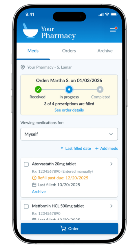 Patient portal medication list on a phone with an order in progress